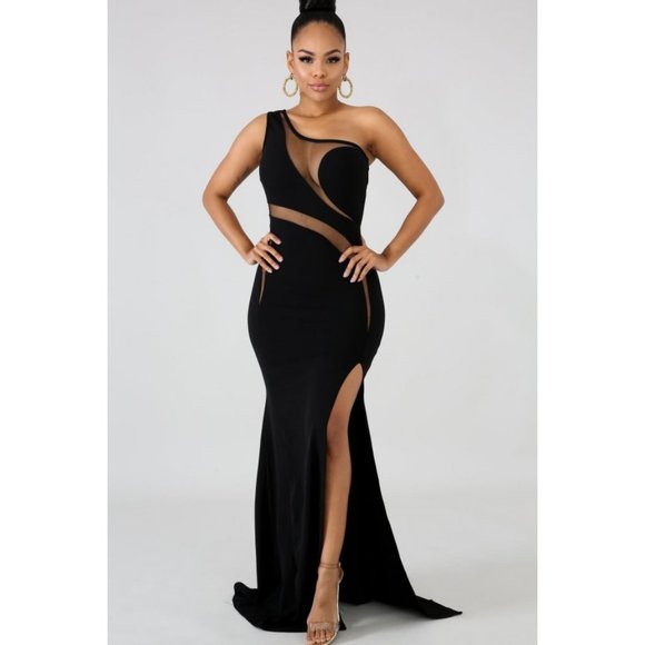 ISO: black high slit one shoulder mesh insert maxi mermaid dress - Picture 2 of 3